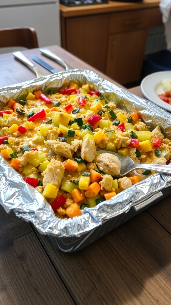 A delicious aluminum foil casserole with vegetables and chicken, wrapped in foil, on a wooden table.